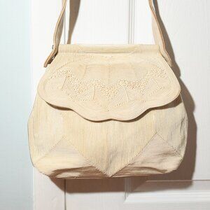 Vintage White Ribbed Purse with Long Shoulder Strap